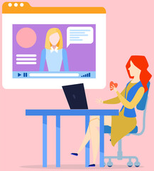 Woman studying with online courses, e-learning, listening to lesson. Video lesson with teacher on screen. Girl watching online training course, educational video for distance learning via Internet