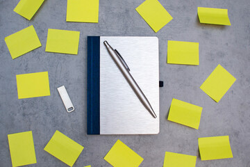office table workspace from top view above with copy space, working desk with mix of office supplies