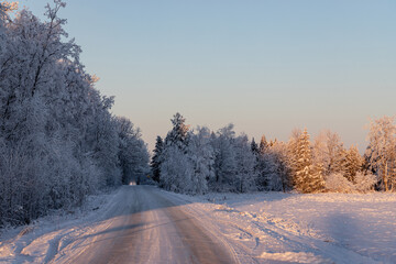 country road in very cold weather, freezing January morning sunrise light