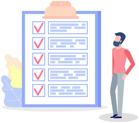 Month scheduling, to do list, time management. Businessman stands near checklist and planning. Plan fulfilled, task completed, timetable on paper sheet. Check list plan, schedule creation concept