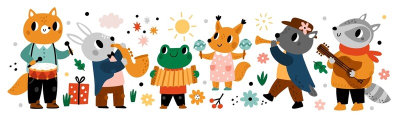 Animal musicians. Funny forest orchestra. Instrumental band. Happy badger and guitar player. Frog with accordion. Fox plays drum. Flutist and saxophonist. Vector musical performers set