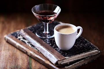 Cup of coffee dark wooden background. Close up.