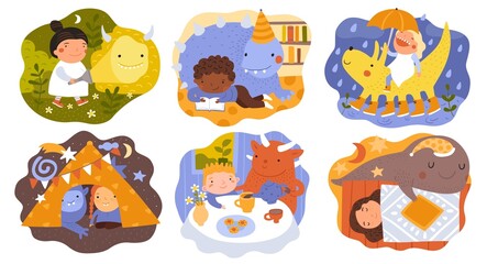 Children dreams. Little dreamers with fictional friends. Monsters and kids. Bizarre animals walking and reading. Happy boys and girls. Vector invented adventure set with imaginary creatures