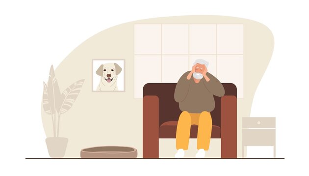 Loss of pet. Sad man sitting in chair at home, experiences loss of his dog. Pet was lost or Died. Senior man with gray beard wearing casual clothes. Dog labrador photo. Flat vector illustration