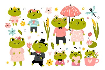 Cute frogs. Funny happy cartoon frog characters, family animals in clothes, romantic couple and kids, baby toads and amphibians, swamp aquatic inhabitants, childish vector isolated set - obrazy, fototapety, plakaty