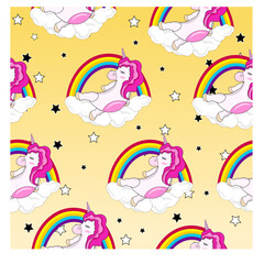 Seamless pattern. The unicorn swims in the clouds. Vector stock illustration. cartoon style. Design for packages and wallpapers for children. Bright design. Yellow background.