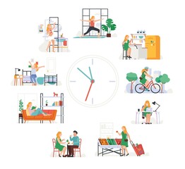 Naklejka premium Female daily routine time. Girl activity during day. Watch face with everyday scenes. Woman waking-up and taking shower. Character working and cycling in park. Clock dial. Vector concept