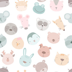 Baby seamless pattern with hand drawn animals. Seamless background with cute animals head.  childish style great for fabric and textile, wallpapers, backgrounds.