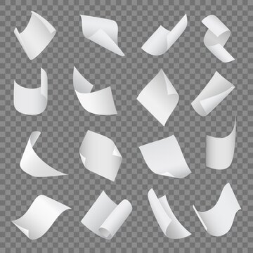 Flying Curl Papers. Realistic Blank Office Pages, Twisted White Notebook Sheets, Different Curve Cards, Empty Various Scattered Documents, Isolated Bent Objects, Vector Set