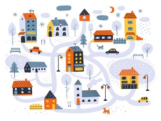 Houses city map. Winter streets scheme, tiny funny buildings with roads, parks and city elements, walking animals and trees, childish doodle abstract vector cartoon isolated concept