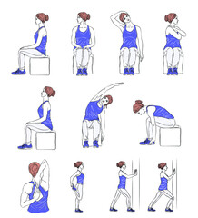 set of illustrations with young woman doing stretching exercises while sitting at workplace, healthy lifestyle. balance training. Design for apps, websites, print