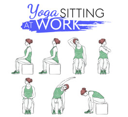 yoga set sitting on chair, young woman doing yoga. Fitness woman workout, aerobics and exercises. Design for apps, websites, print, presentations.