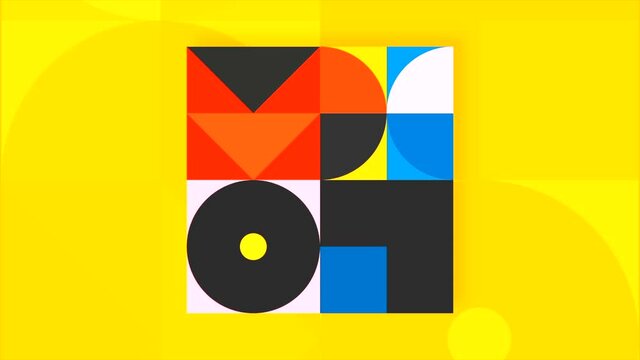 Bright yellow background with geometric moving figures, seamless loop. Motion. Square with flat moving shapes inside.