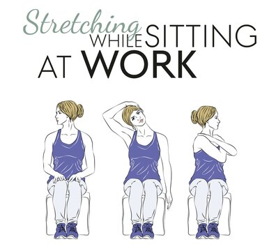 Stretching sitting at the workplace should be performed while sitting on a chair. Working from home and sitting for long hours is not ideal for your physical health, vector illustration.