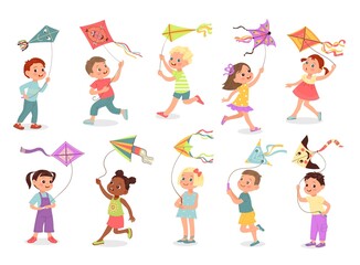 Kids with kites. Happy children play with color kites, different design flying toys, funny boys and girls, outdoor active summer games, vector cartoon flat style isolated set