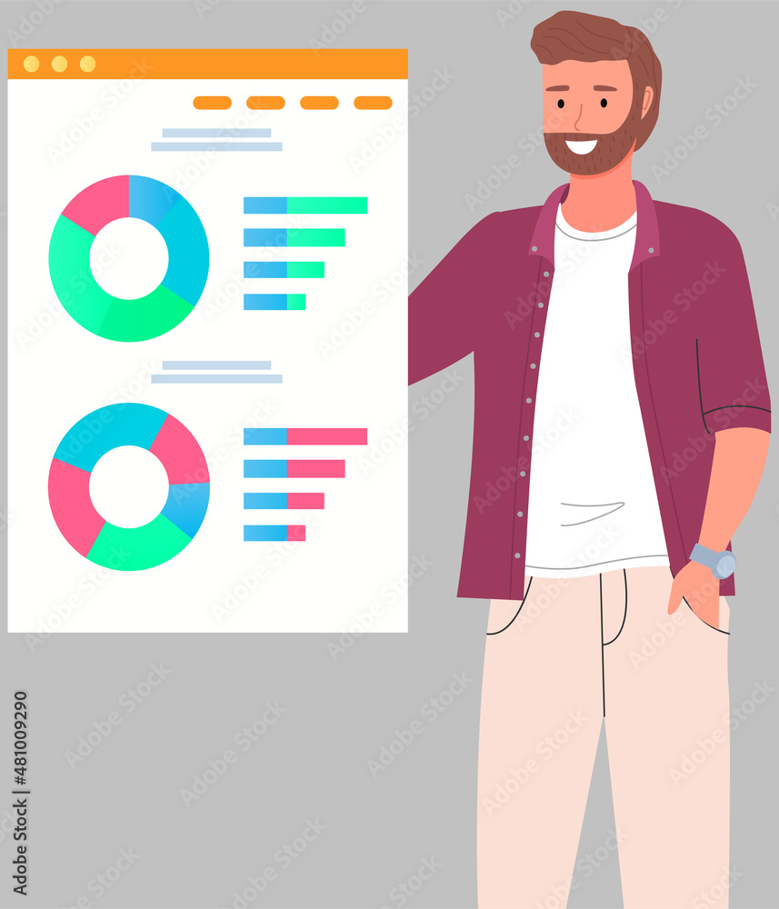 Poster businessman stands in front of screen with chart, statistics. office worker having creative idea for