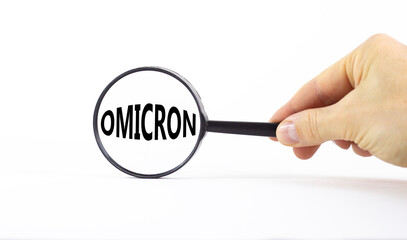Covid-19 corona and omicron symbol. The concept word Omicron. Magnifying glass. Doctor hand....