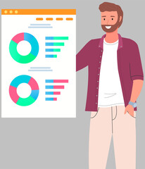 Businessman stands in front of screen with chart, statistics. Office worker having creative idea for company finance development. Man conducts analytics of statistical data, diagram on banner