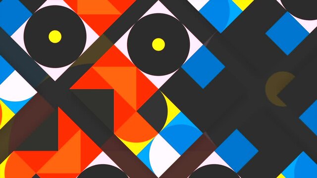 Contracting suprematism background with moving colorful circles, triangles, and squares. Motion. Flat colorful geometric shapes.