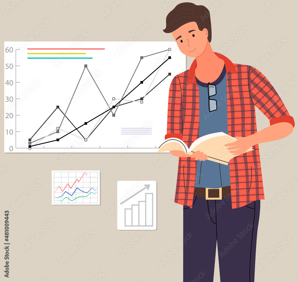 Poster businessman stands in front of screen with chart, statistics. office worker having creative idea for