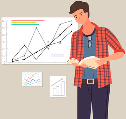 Businessman stands in front of screen with chart, statistics. Office worker having creative idea for company finance development. Man conducts analytics of statistical data, diagram on banner