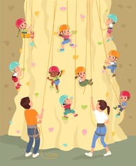 Rock extreme climbing. Kids climb steep wall with ledges under adult instructor supervision. Artificial mountain for alpinism workout. Mountaineers clambering with ropes. Vector concept