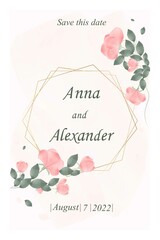 The template of the map with the corrected text.  Fashionable wedding greeting card.  Save the date.  Flowers and green leaves with festive decor on a pink background. Vector design