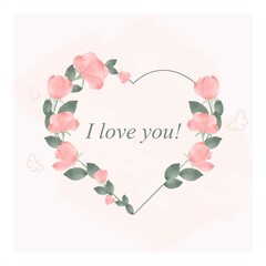 Square map template with text.  Fashionable greeting card, greeting card for mobile applications, social networks.   Heart-shaped flowers on a pink background.