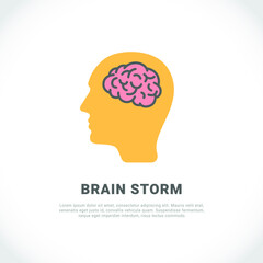 Vector illustration of human brain in the head. Vector outline icon isolated on white background