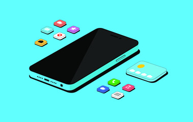 3d isometric web banner smartphone with mobile app icon. Vector illustration of mobile application development