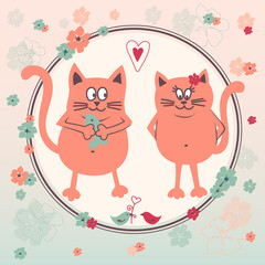 Pair of red cat in love, postcard for Valentine's Day, spring, love, cats, hearts, flowers