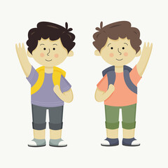 A set of two vector school boys in colorful clothes with a backpack
