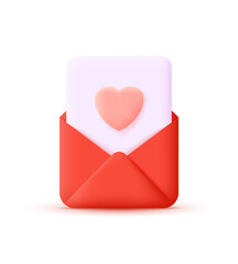 3d envelope with letter and heart isolated on white background. Valentine's day concept.