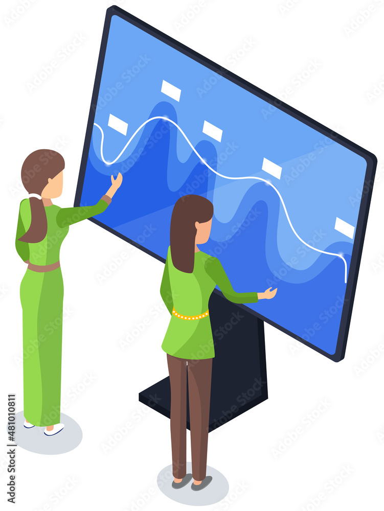 Poster accounting women in front of computer with business report, computer screen showing financial chart.