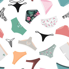 Woman Panties seamless pattern. Underwear background. Female lingerie symbols, vector illustration collection on white