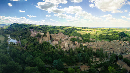 Fototapeta na wymiar Panoramic aerial view of Castell'Arquato medieval town in Piacenza Italy