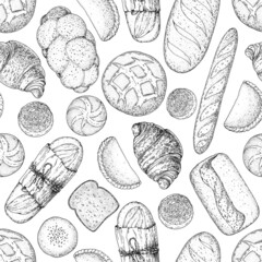 Different baked goods seamless pattern. Hand drawn vector illustration. Bakery sketch. Background template for design. Engraved food image. Hand drawn sketch with bread, pastry, sweet.