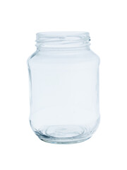 Empty, open jar made of transparent glass. For food and canned goods. Isolated on a white background , close - up