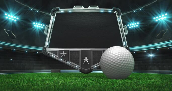 Rolling golf ball and steel shield with empty space for advertisement text. Green grass field and illuminated sport arena with light flashes. Two 4K video parts of loopable sport intro.