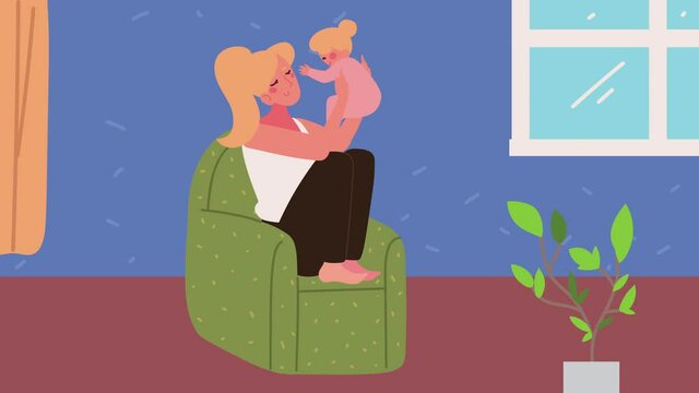 blond mother holding baby in livingroom