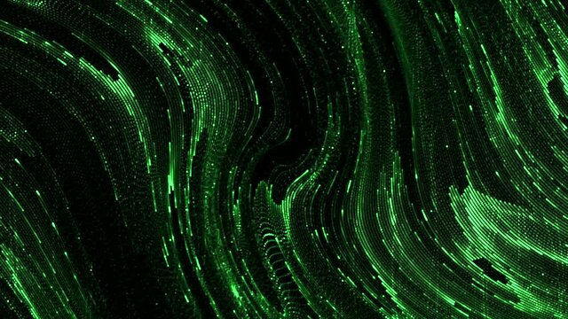 Flow of shiny matrix liquid. Motion. Beautiful streams of green cybernetic fluid. Green shiny matrix-style liquid moves in streams