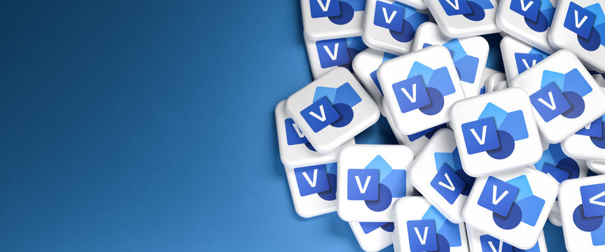 Logos of the Microsoft product Visio on a heap. Copy space. Web banner format.