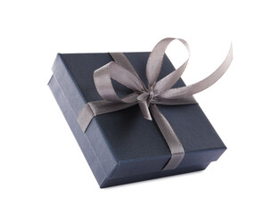 Dark gift box with ribbon and bow on white background