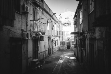 Black and White historical inner city of Palermo on Sicily in Italy in Winter