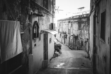 Black and White historical inner city of Palermo on Sicily in Italy in Winter