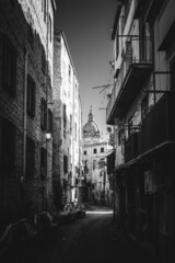 Black and White historical inner city of Palermo on Sicily in Italy in Winter