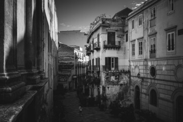 Black and White historical inner city of Palermo on Sicily in Italy in Winter