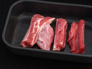 Raw beef ribs in a baking tray ready to be cooked. Low key.