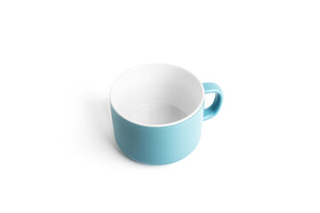 Blue tea cup for drink isolated on white background. Ceramic coffee cup or mug close up.