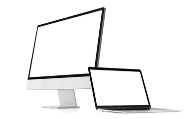 Modern desktop and laptop computers isolated on white background - 481013827